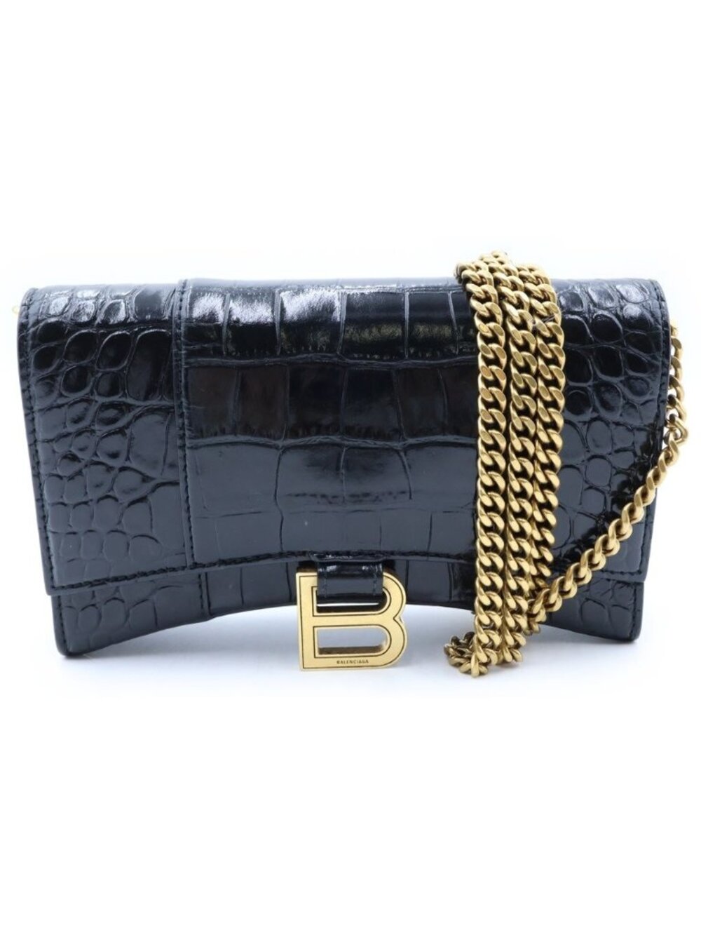 Balenciaga Hourglass Chain Mini Wallet Croco Embossed Leather Black